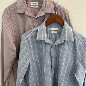Lot Of 2  Calvin Klein Shirts Mens Steel Slim Fit Stretch Non-Iron Check Sz 16